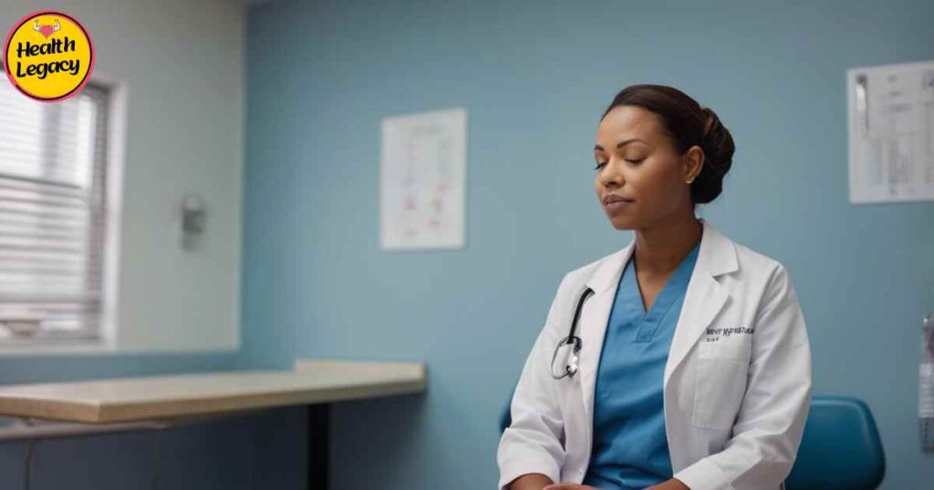 Nurse using coping skills for stress relief in break room