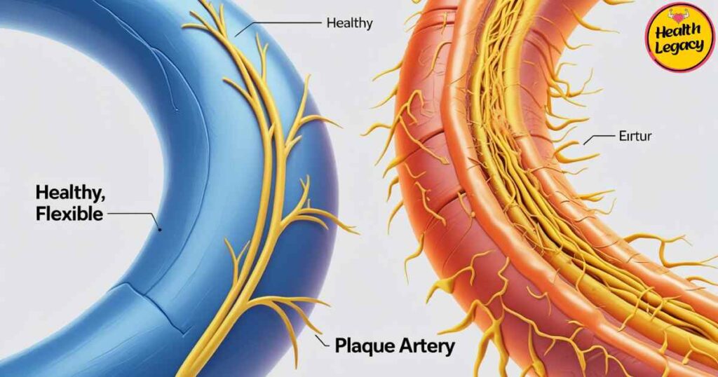 Healthy vs. clogged arteries illustration