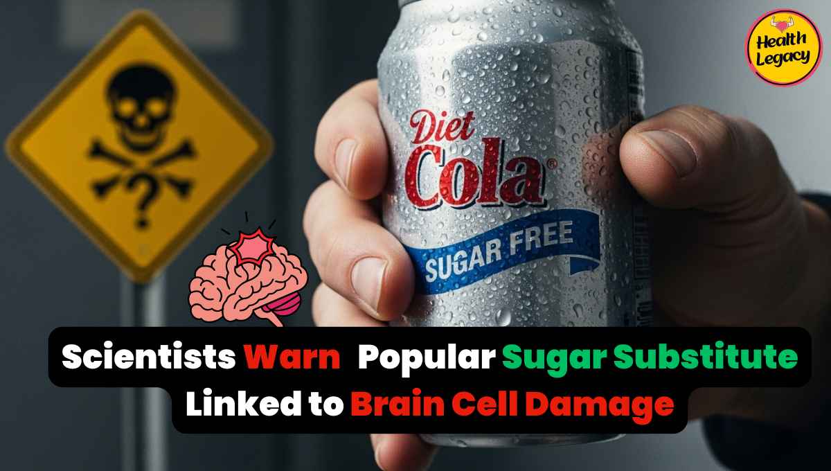 Hand holding sugar-free soda with warning sign