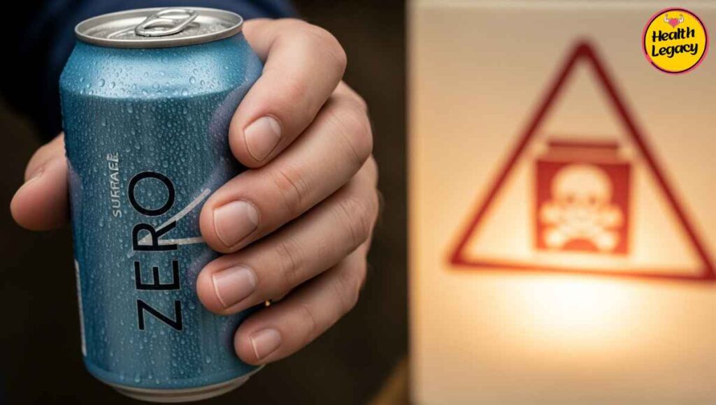 Hand holding sugar-free soda with warning sign