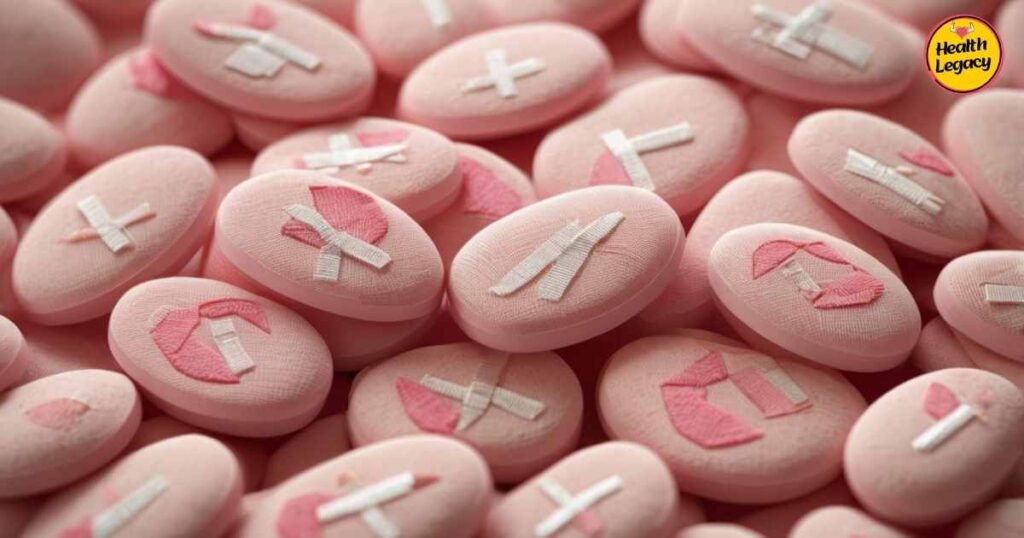 Hormone therapy medication with breast cancer awareness symbol"