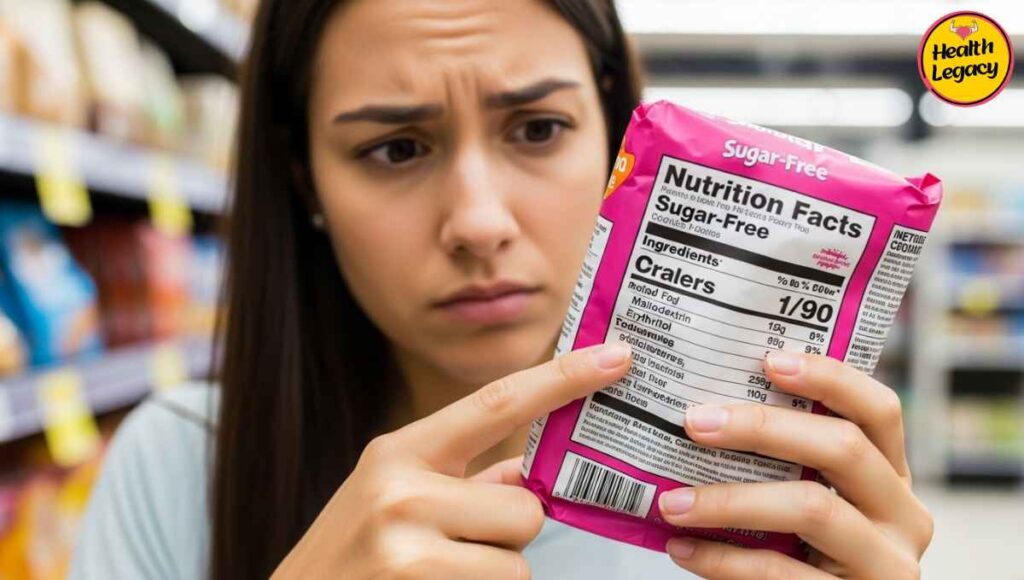 Person reading nutrition label on sugar-free product