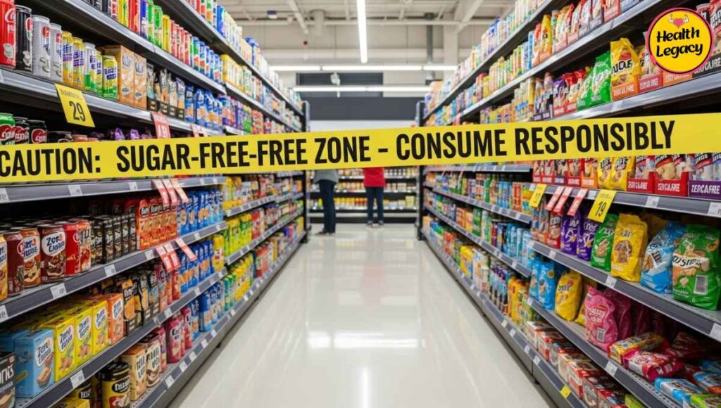 Grocery aisle with caution tape on sugar-free products