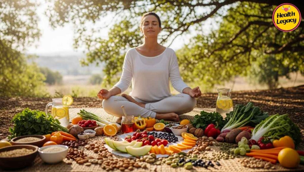 Person meditating with natural foods